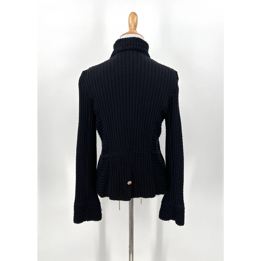 CHANEL 2010 Sweater Womens 34 Black Chain Details Open Cardigan Cotton Chunky - Picture 2 of 16